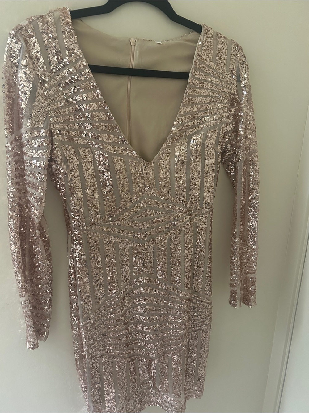 Sequin V-Neck Long Sleeve Party Dress - Blush Pink